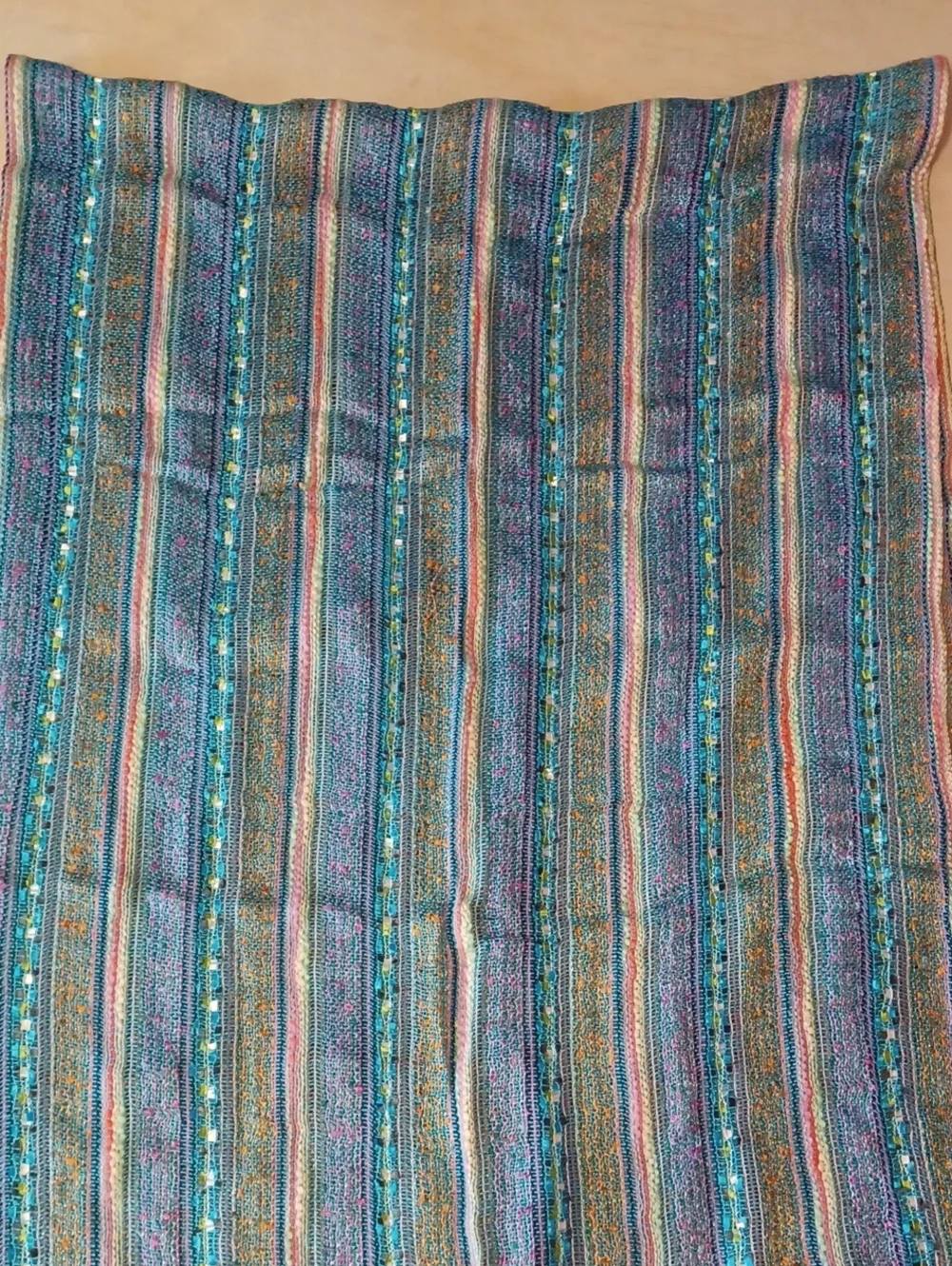 Boho Striped Fringe Scarf Shawl Wrap 72×20 Textured Open Knit Blue Pink Sparkle
